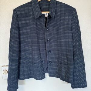 Rafael Navy Plaid Blazer Size 12 Structured Button Front Career Jacket